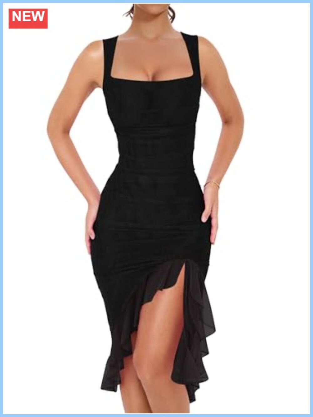 Women's Ruched Bodycon Midi Dress Mesh Square Neck Party Cocktail